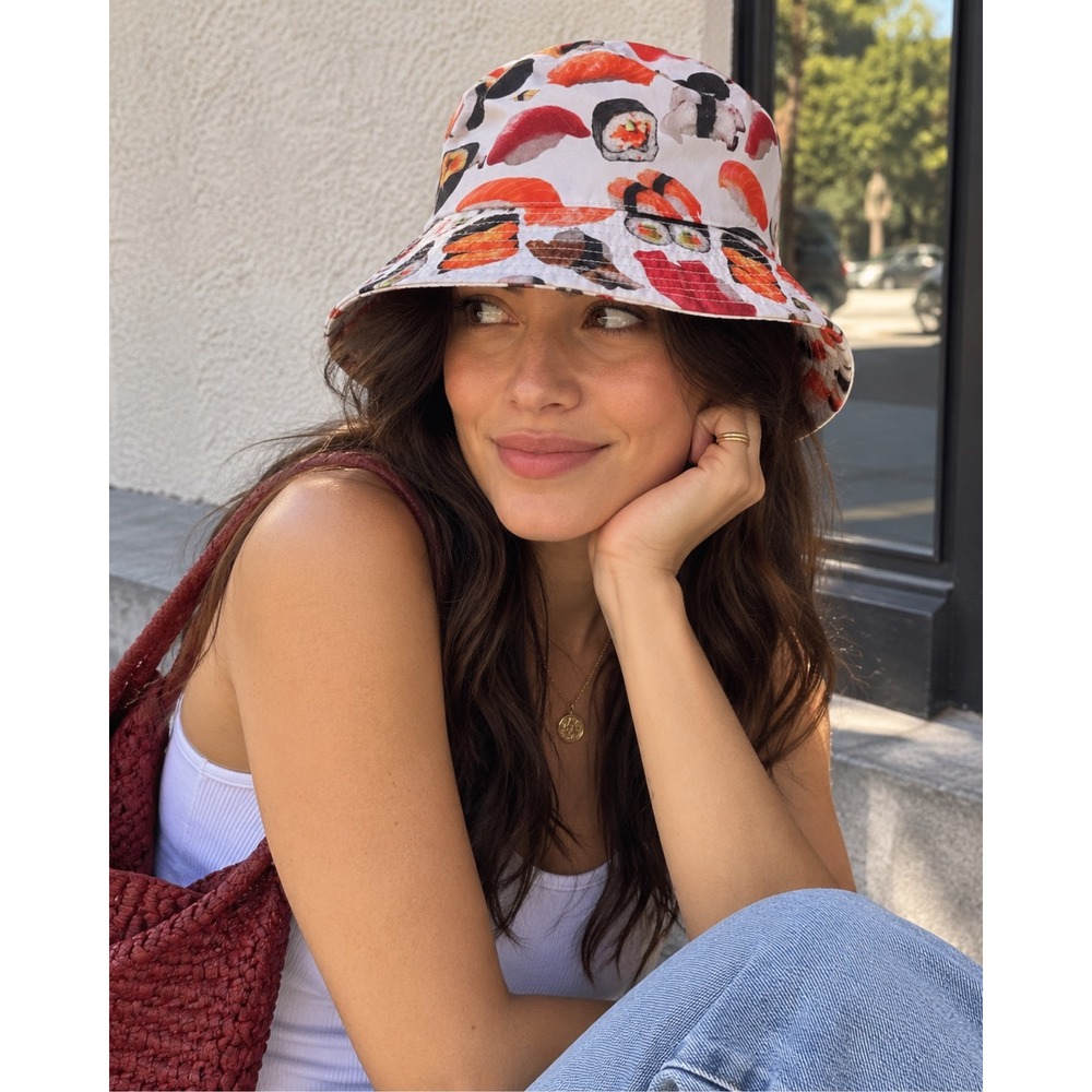Reversible Sushi Print Bucket Hat Black Japanese Food Nigiri Maki Novelty Y2K